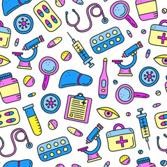 Seamless pattern with doodle colored hepatitis medical icons including liver, microscope, syringe, test tube, eye, first aid kit, stethoscope loupe, virus.