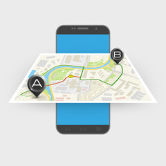 City map route navigation smartphone, phone point marker, drawing 3d schema, simple city plan GPS navigation tablet, itinerary destination arrow paper city map. Route delivery check point graphic