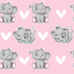 Cute elephant with a pink flower on a pink background seamless pattern. Vector illustration for children