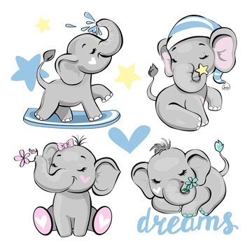 Vector illustration with a cute elephants isolated collection on a white background. Funny animals for kids