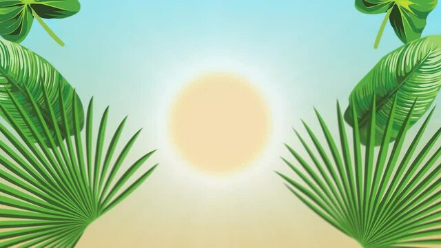 Blinking sun with tropical green leaves hand drawn vector, Flashing sun and moving up exotic foliage to the beat 125 BPM. Funny Sale banner, advertising, travel creative beach 4k animated wallpaper.