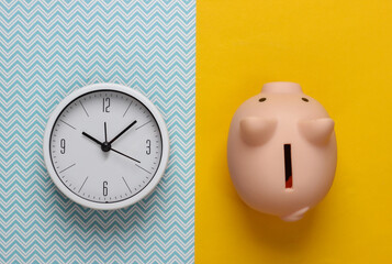 Time to make money. Deposit. White clock and piggy bank on yellow blue background. Minimalistic...