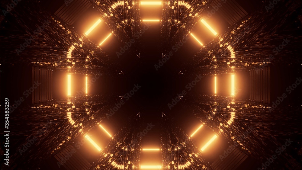Poster 3d rendering of a futuristic background with golden abstract neon laser lights