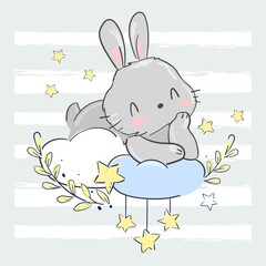 Hand drawn cute rabbit on the moon. Print design for baby pajamas, textiles. Vector illustration.