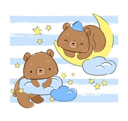 Cute Teddy bear sleeps on the moon print for textiles. Print for pajamas. vector