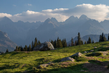 View of the Polish and Slovak Tatras from Rusinowa Polana (Poland). Foggy and cloudy afternoon, popular hiking trail, sheep grazing, viewpoint.