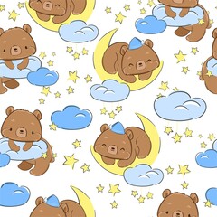 Cute Teddy bear sleeps on the moon print for textiles. Pattern seamless background. Print for pajamas. vector