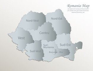 Romania map, administrative division with names, white blue card paper 3D vector