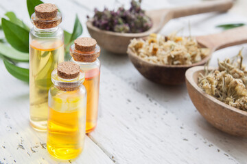 Herbal tincture, essence in glass bottles. Natural cosmetics or alternative medicine medicines