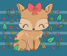 Hand Drawn cute deer and bow in flowers. Vector illustration. Design prints for children's clothing, textile.