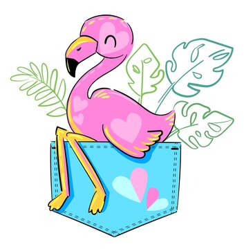 Cute Flamingo sits in a pocket childish print. Children's theme for textiles, fashion. Trends summer prints vector illustration.