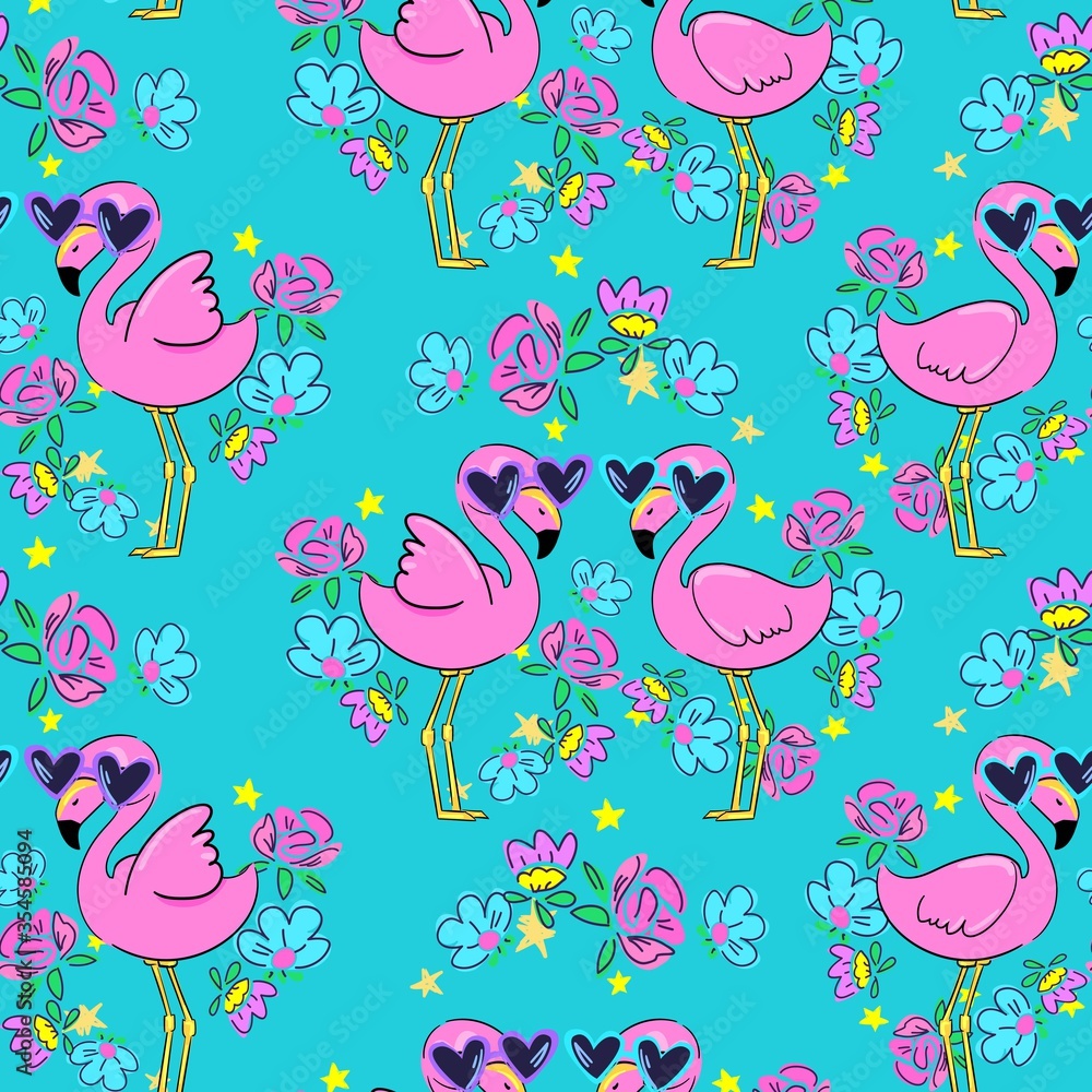 Poster cute pink flamingo in glasses and flowers beautiful background pattern. print for textiles. vector i