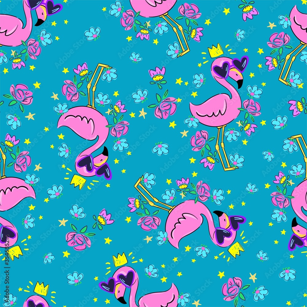 Poster pair of flamingos in sunglasses and in a crown with a flowers pattern seamless background. tropical 