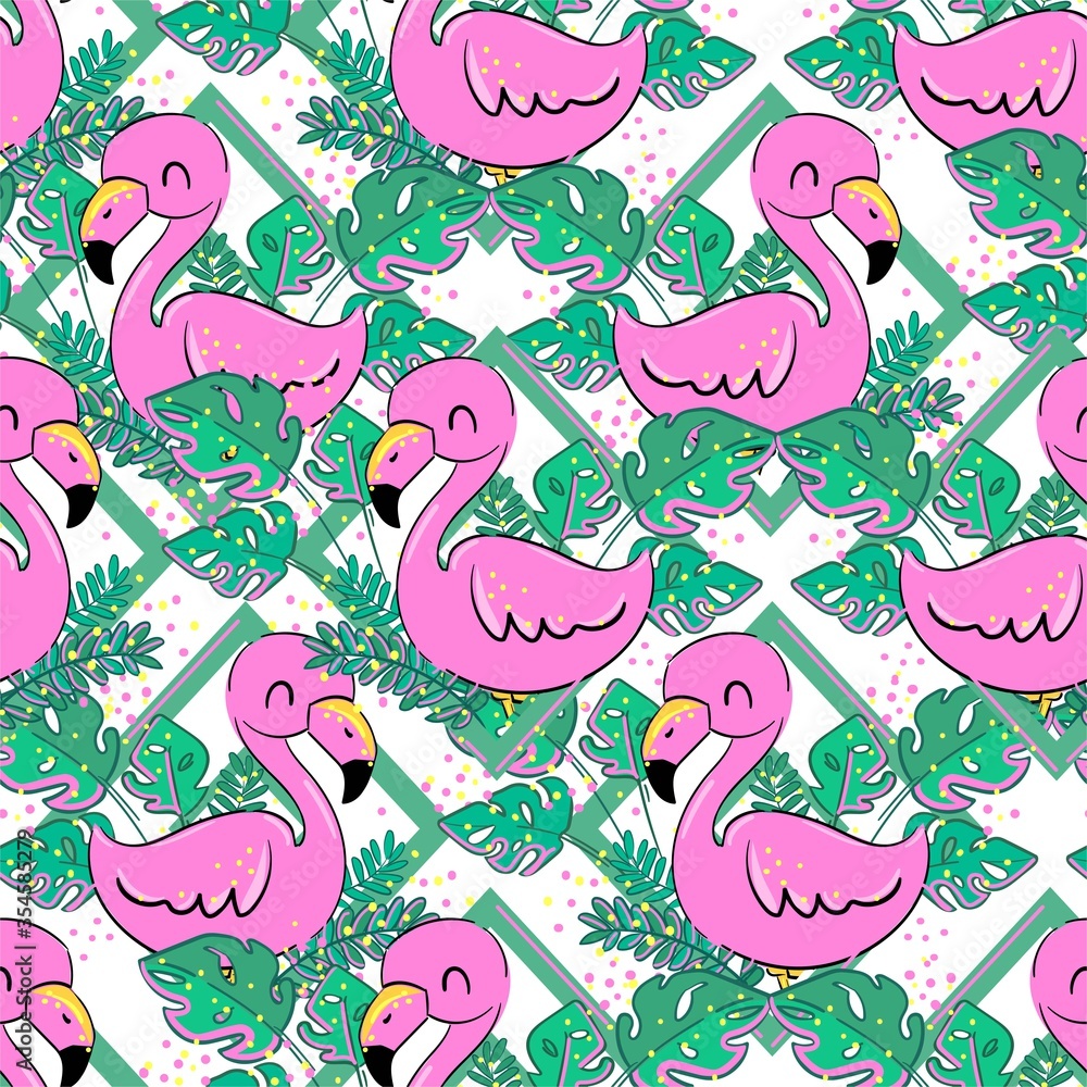 Aufkleber beautiful flamingos on an abstract tropical pattern seamless background. print design for textiles. 