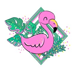 Cute Flamingo and Leaves. Children's print tropical design. Vector illustration