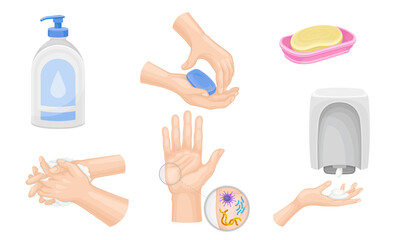Hand Washing and Cleansing Using Bar of Soap and Soap Dispenser Vector Illustrations Set