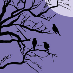 Vector silhouette of spring birds sitting on a tree branch. Decorative branch of a tree with birds.