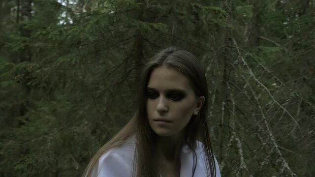 Sad Depressed Young Woman in Forest Rushes and Anxiously Looking Around, Upset Girl Feeling Tired Lonely Vulnerable and Weak Suffer from Mental Disorder