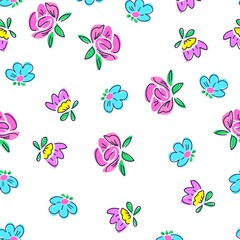 Flowers background print for textile. Cartoon flowers beautiful illustration for the fabric. Design ornament pattern seamless. Vector