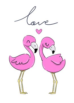 Valentine's day greeting card. A pair of pink flamingos with heart isolated on white background. Vector illustration