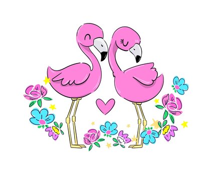 Valentine's day greeting card. A pair of pink flamingos with heart and flowers. Vector illustration