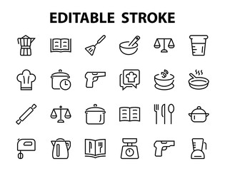 Set of icons for cooking and kitchen, vector lines, contains icons such as a knife, saucepan, boiling time, mixer, scales, recipe book. Editable stroke, perfect 480x480 pixels, white background