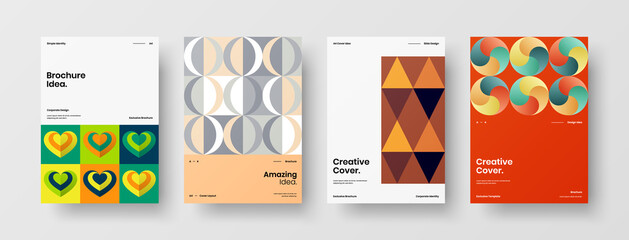 Naklejka premium Company identity brochure template collection. Business presentation vector A4 vertical orientation front page mock up set. Corporate report cover abstract geometric illustration design layout bundle.