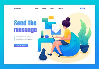 Young girl works at home, Remote work, sending messages. Flat 2D character. Landing page concepts and web design