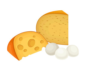 Slab of Cheese and Eggs Isolated on White Background Vector Composition