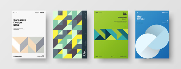 Fototapeta premium Company identity brochure template collection. Business presentation vector A4 vertical orientation front page mock up set. Corporate report cover abstract geometric illustration design layout bundle.