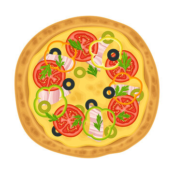 pizza with tomatoes, olives, peppers, top view clip art preview