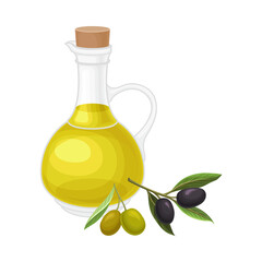 Glass Jar of Olive Oil with Olive Twig Rested Nearby Vector Composition