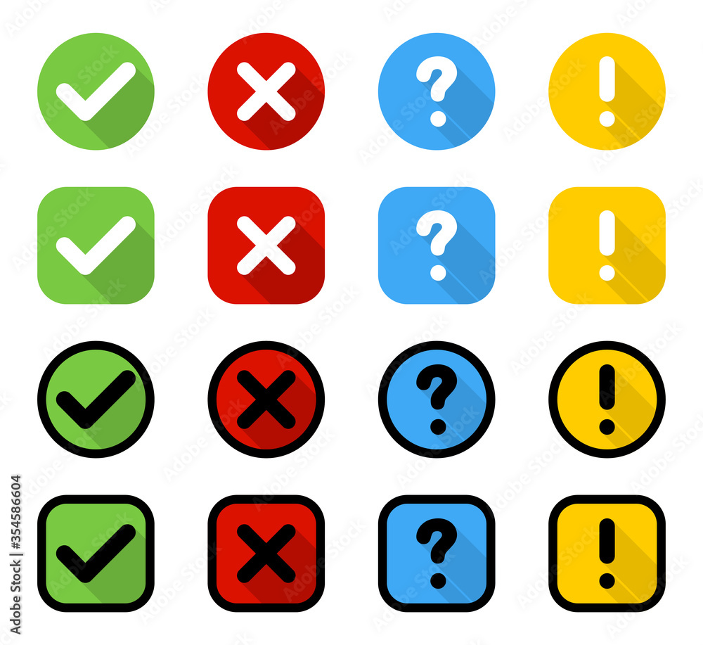 Poster buttons. check mark and cross with question and exclamation signs, isolated. signs collection in cir