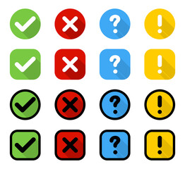 Buttons. Check mark and cross with question and exclamation signs, isolated. Signs collection in circle and square with shadow in flat design. Vector illustration