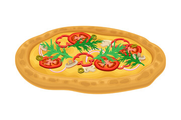 Hot Vegetarian Pizza with Greenery and Tomatoes Vector Illustration