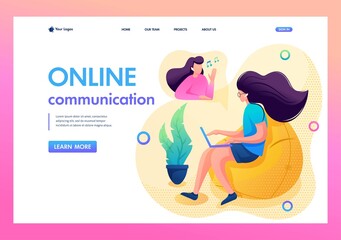 Young girl communicates online with a friend via video link. Flat 2D character. Landing page concepts and web design