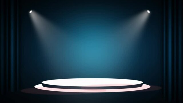 The colorful concert stage theater with flood lights and abstract empty floor showcase spotlights on stage background.
