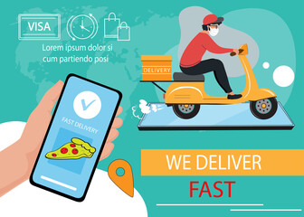 Moped with delivery. Parcel delivery banner. Man in a protective mask. Hand holds smartphone