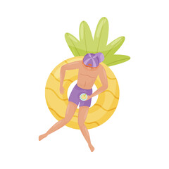 Smiling Man Character Floating on Rubber Pineapple Shaped Swim Tube in Swimming Pool Vector Illustration
