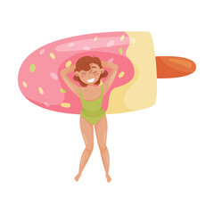 Woman Character Floating on Rubber Inflatable Raft of Ice Cream Shape in Swimming Pool Vector Illustration