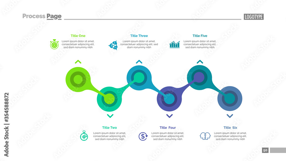 Sticker Process chart with six elements. Flow diagram, graph, layout. Creative concept for infographics, presentation, project, report. Can be used for topics like business, strategy, startup