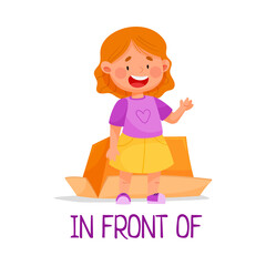 Little Red Haired Girl Standing In Front of Carton Box as Preposition of Place Vector Illustration