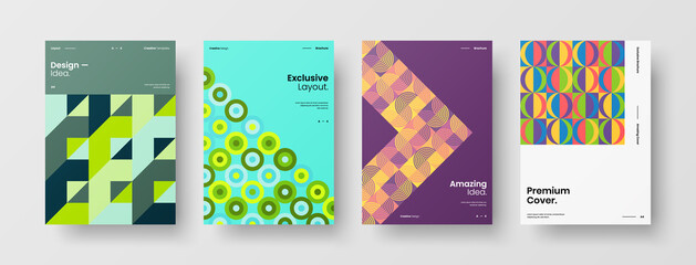 Fototapeta premium Company identity brochure template collection. Business presentation vector A4 vertical orientation front page mock up set. Corporate report cover abstract geometric illustration design layout bundle.