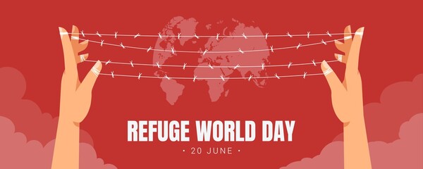 World Refugee Day on June 20 horizontal banner template with Earth behind a barbed wire stretched between human hands as a symbol of forced illegal migration. Support of displaced persons.