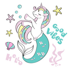 Beautiful illustration with a unicorn mermaid on a white background for children. Birthday card © Lucky Project
