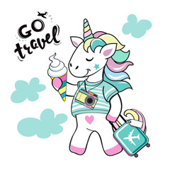 Cute unicorn with a suitcase and ice cream and the inscription go travel on a white background. Vector illustration isolated. Vacation concept, travel concept