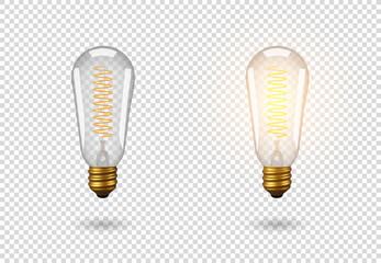 Isolated energy saving light bulb, vector object on a transparent background, the effect of light and glow. Realistic 3d object, symbol of creativity and ideas. Concept for business or startup.