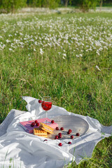 Still life and food photo. Cherry and waffle berries lie on a gray wicker round napkin and white wave-crumpled fabric. A glass of cherry juice or wine