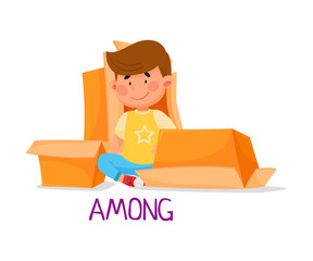 Cheerful Boy Sitting Among Carton Boxes as Preposition of Place Vector Illustration