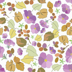 Yellow beige leaves and violet flowers mix texture, from the seamless vector patterns collection Autumn Bouquet.